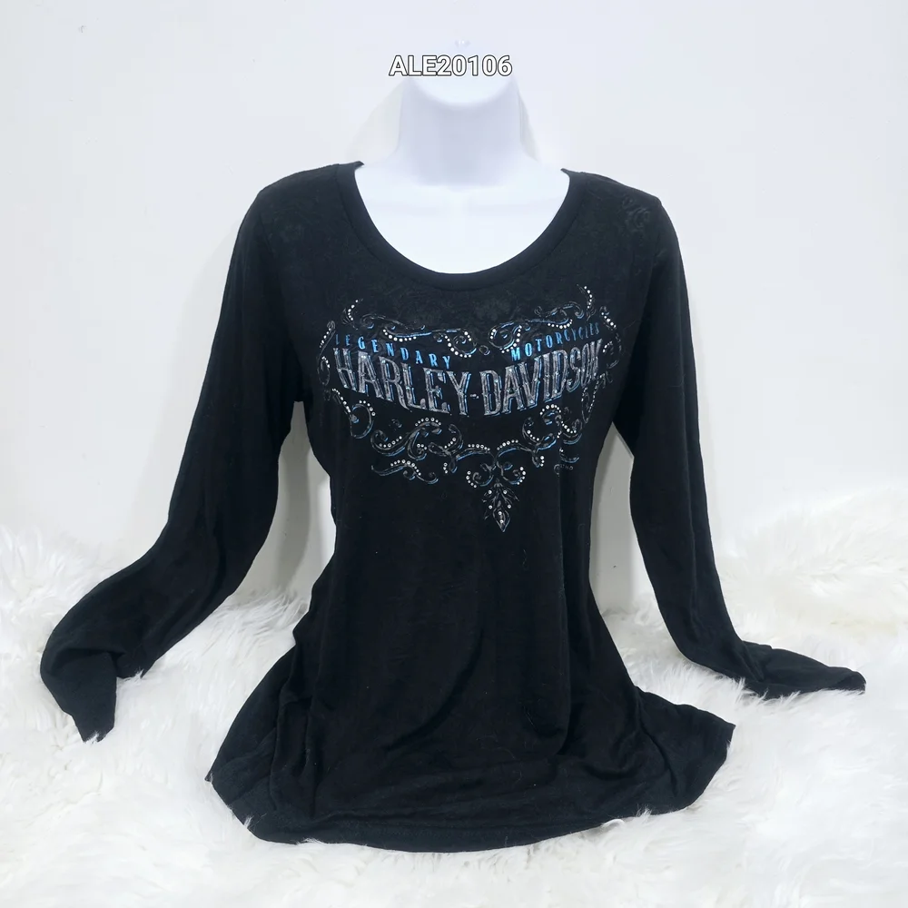 Harley-Davidson women's black translucent long-sleeved t-shirt rhinestone Large - Picture 3 of 17